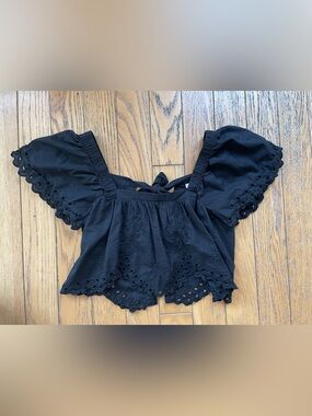 AMERICAN EAGLE AE Black Cropped Eyelet Lace Flouncy Boho Festival Flutter Top XS